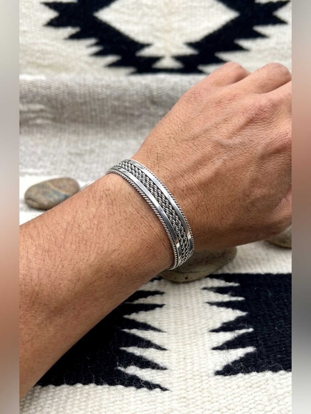 Nora Tahe Navajo Native American Sterling Silver Rope Cuff Bracelet 6.75"